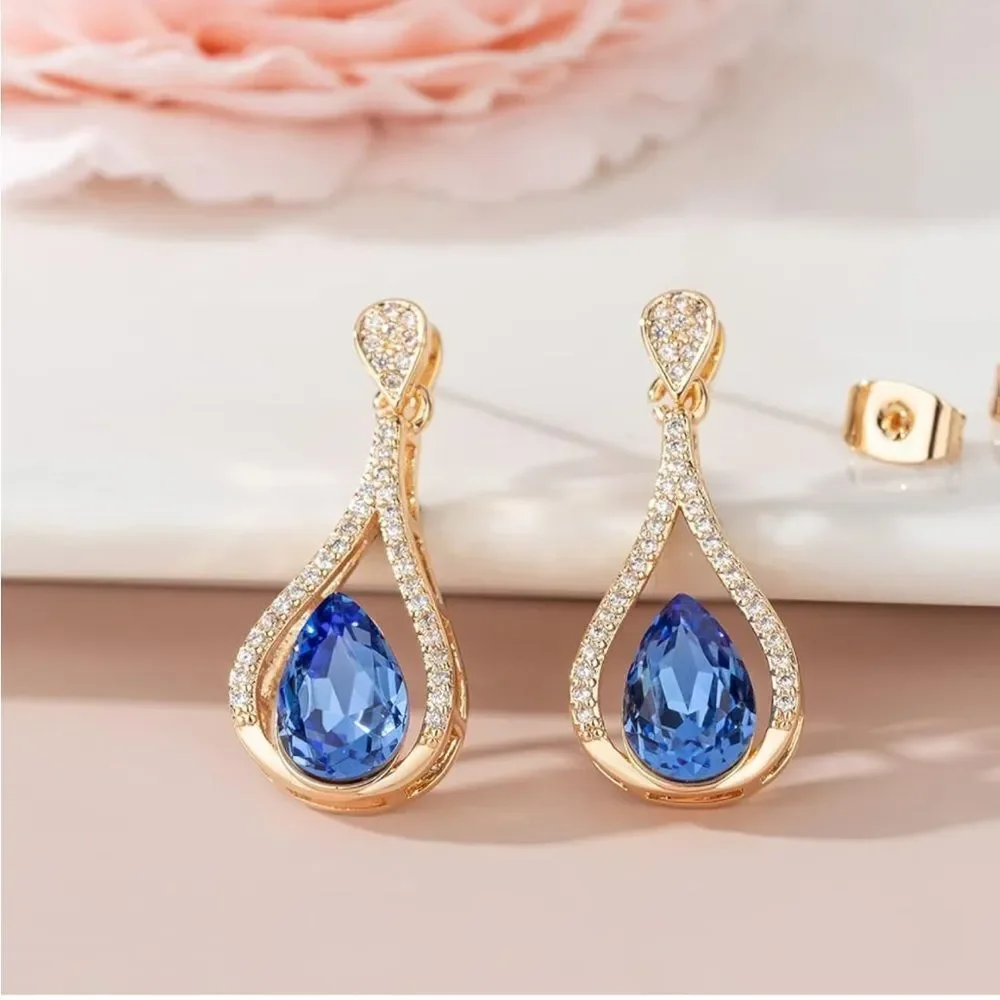 14K Yellow Gold with Blue Sapphire Austrian Crystal Halo Teardrop Post Earrings